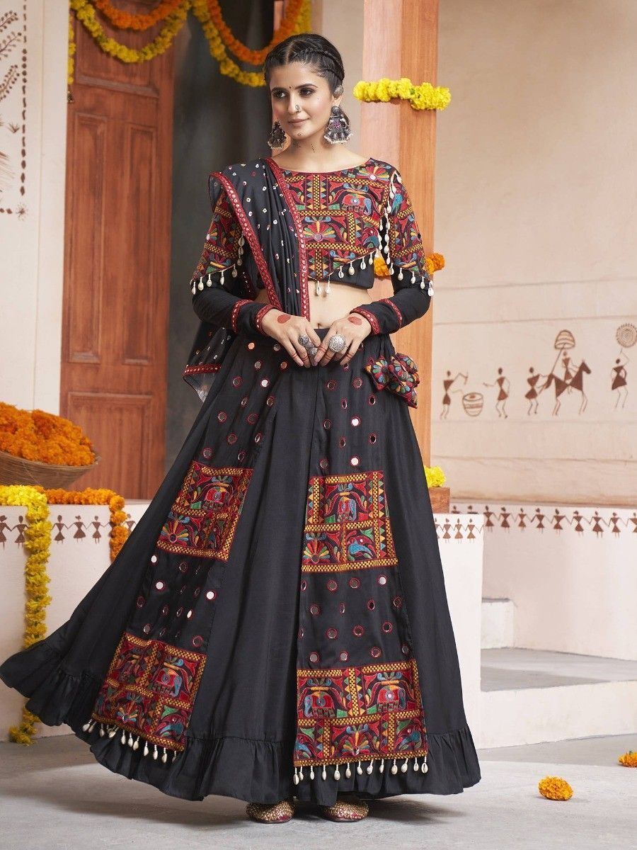 Black Navratri Special Mirror Worked Rayon Lehenga Choli