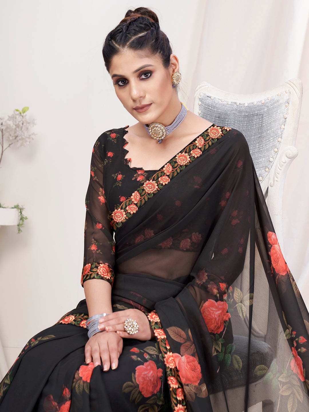 Kohl Black Floral Designer Georgette Saree
