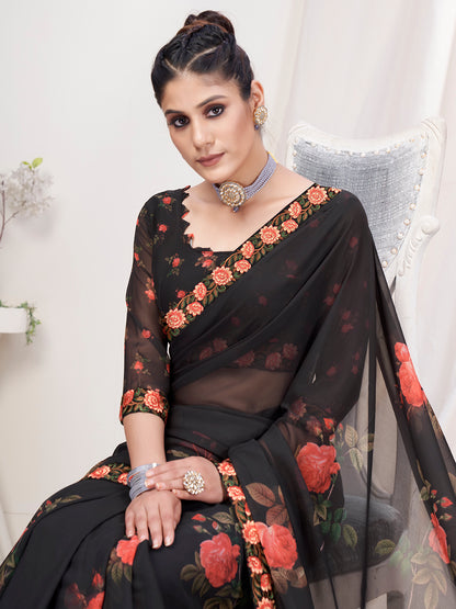 Kohl Black Floral Designer Georgette Saree