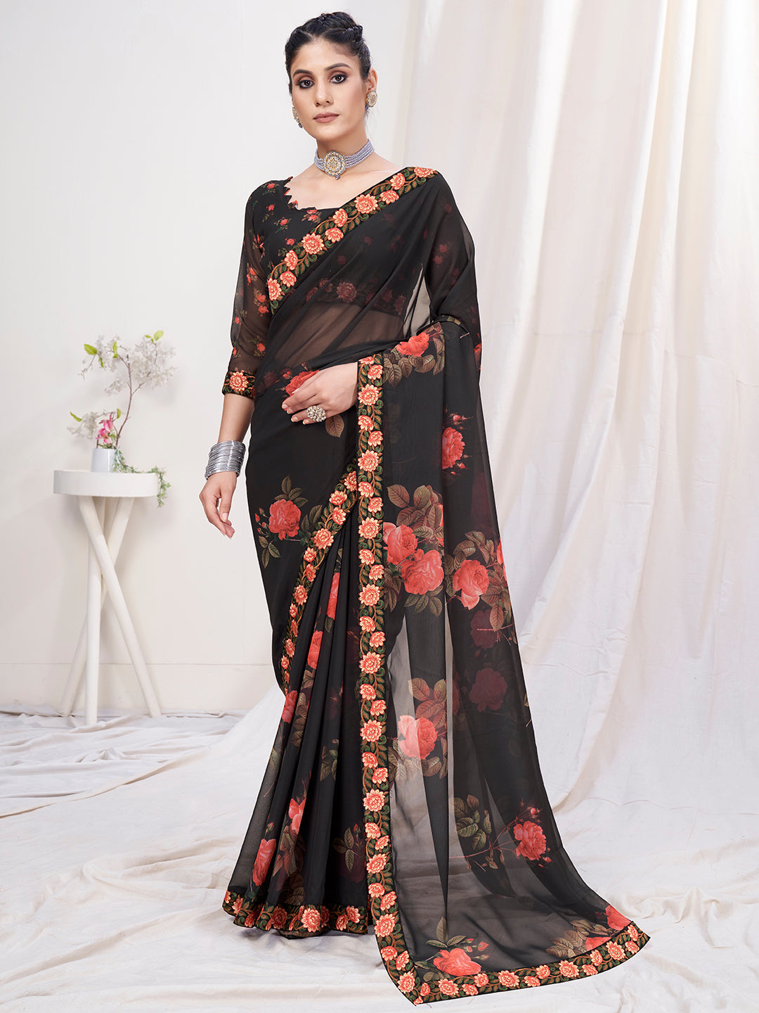 Kohl Black Floral Designer Georgette Saree