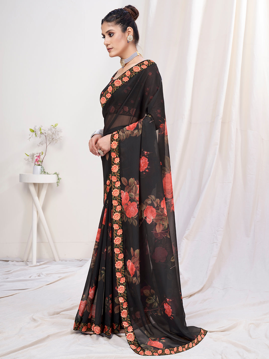 Kohl Black Floral Designer Georgette Saree