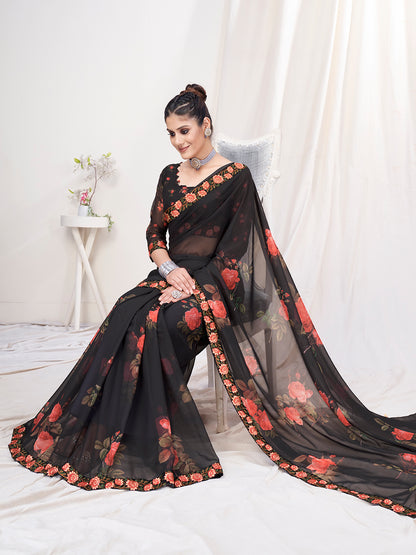 Kohl Black Floral Designer Georgette Saree