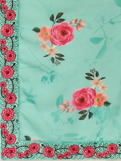 Mint Green Floral Designer Georgette Saree