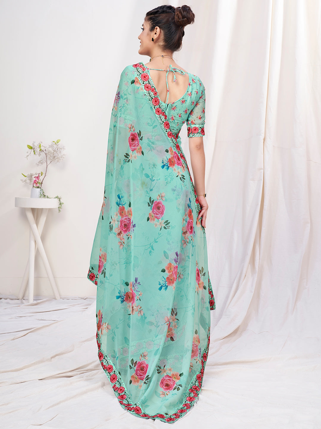 Mint Green Floral Designer Georgette Saree