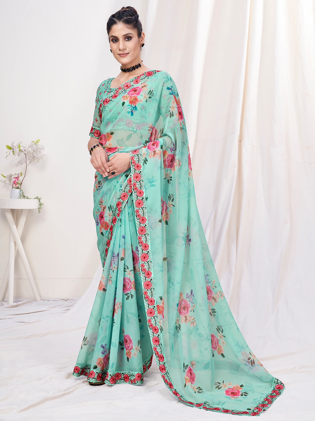 Mint Green Floral Designer Georgette Saree