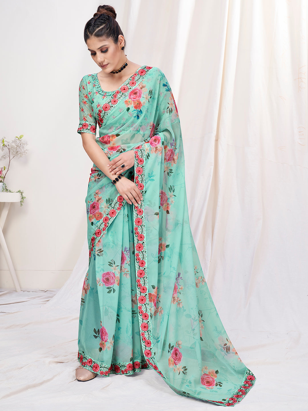 Mint Green Floral Designer Georgette Saree