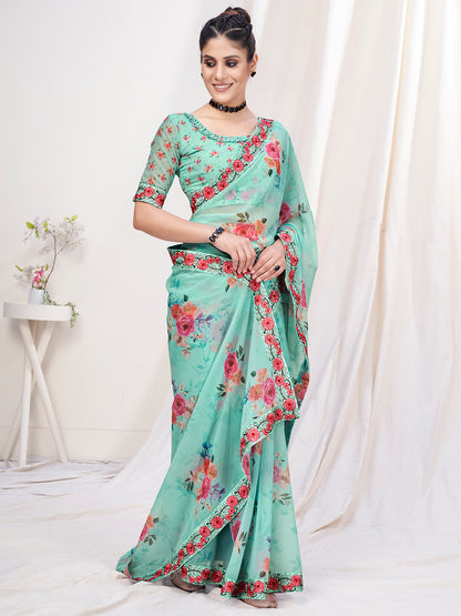 Mint Green Floral Designer Georgette Saree