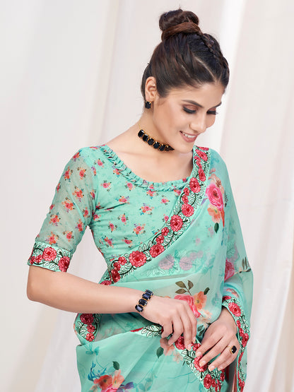 Mint Green Floral Designer Georgette Saree