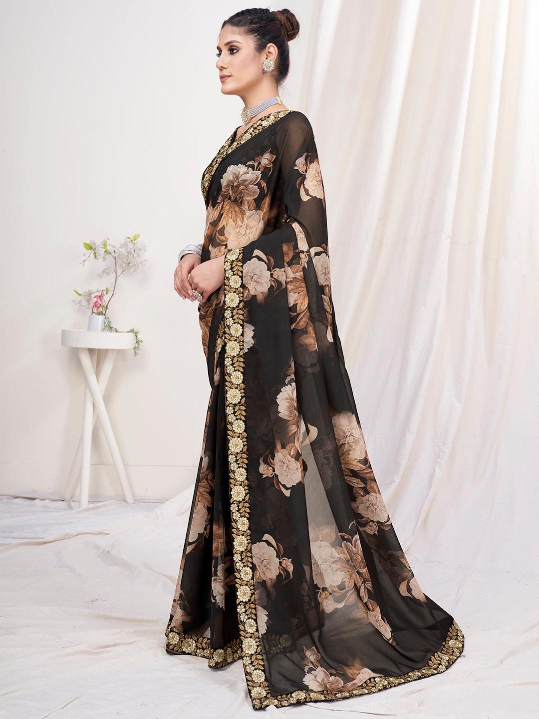 Ebony Black Floral Designer Georgette Saree