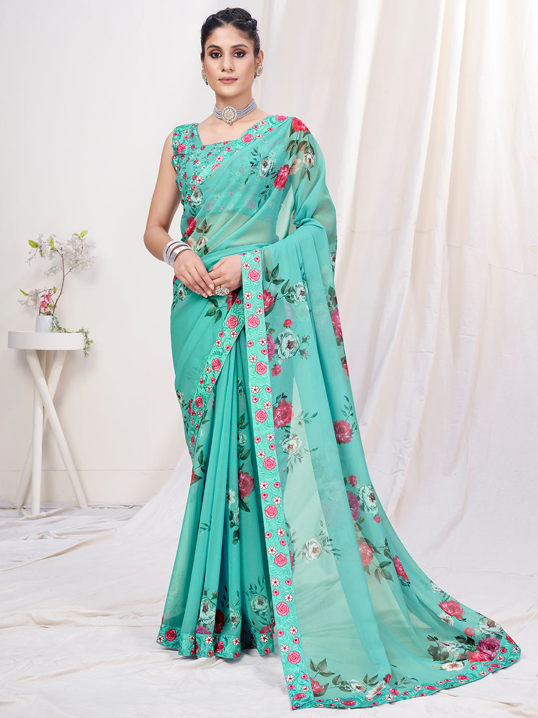 Sea Blue Floral Designer Georgette Saree