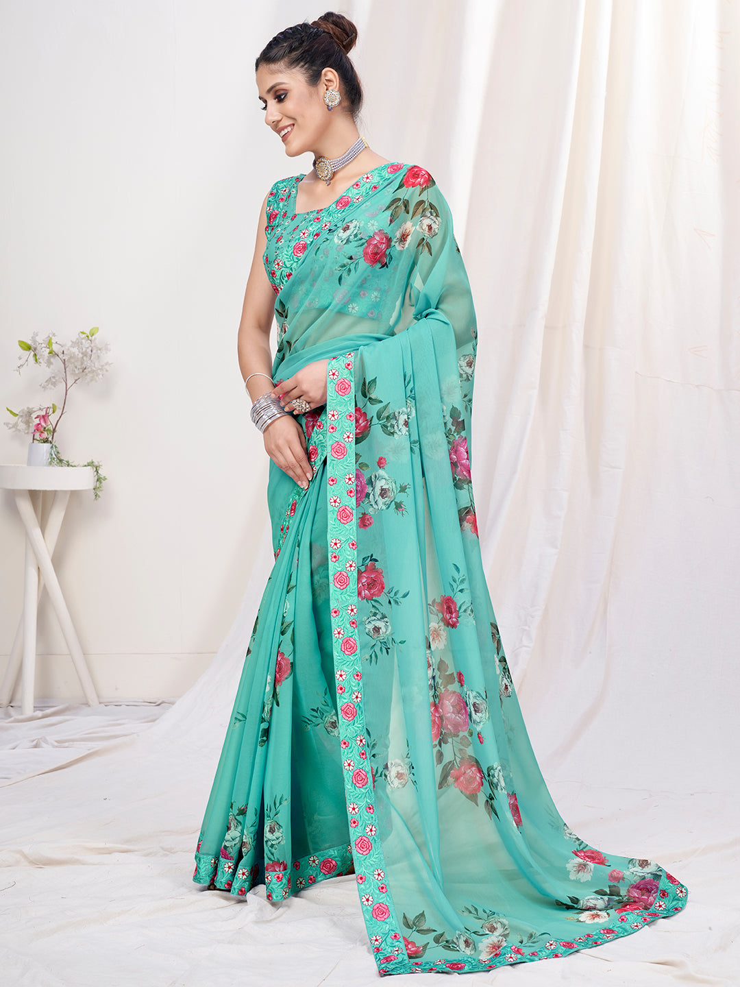 Sea Blue Floral Designer Georgette Saree