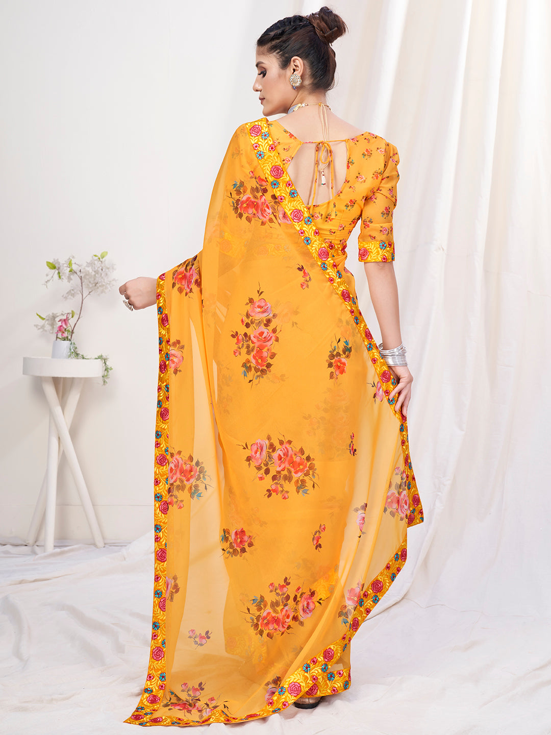 Dark Yellow Floral Designer Georgette Saree