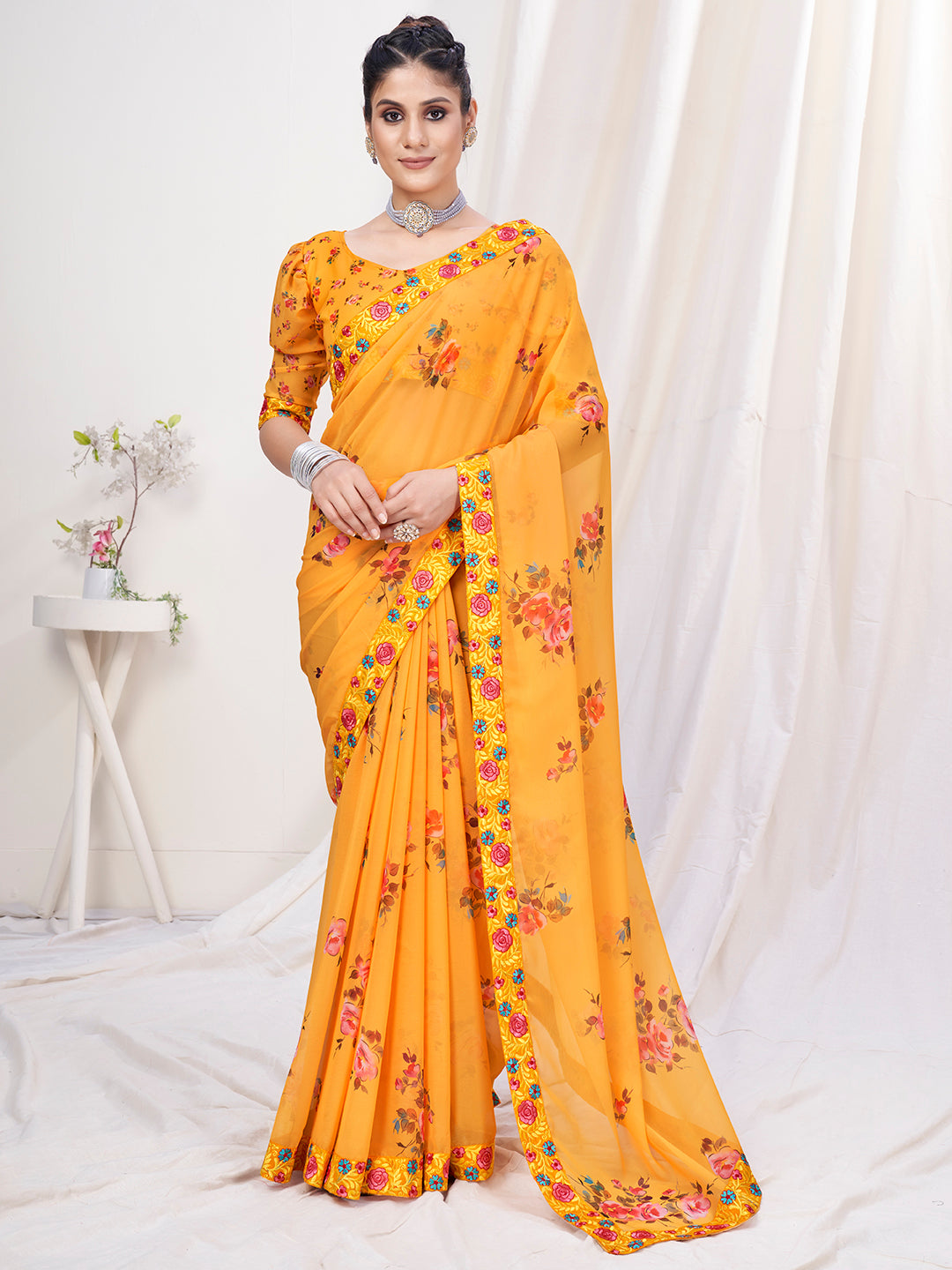 Dark Yellow Floral Designer Georgette Saree