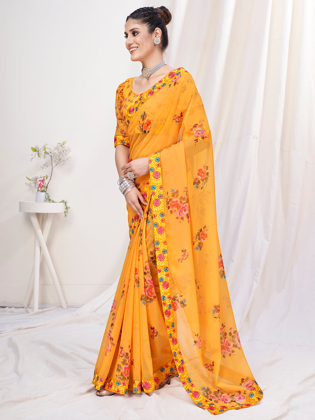 Dark Yellow Floral Designer Georgette Saree