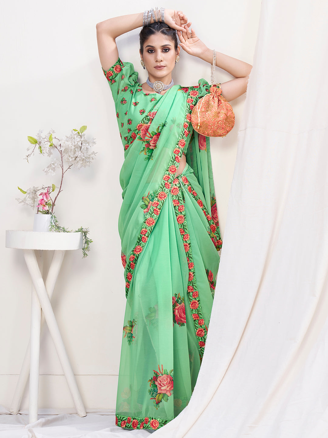 Apple Green Floral Designer Georgette Saree