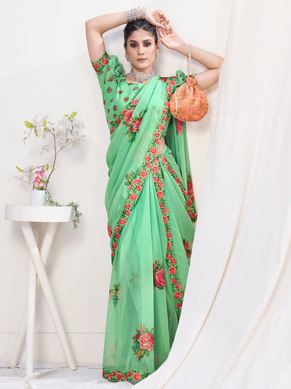 Apple Green Floral Designer Georgette Saree