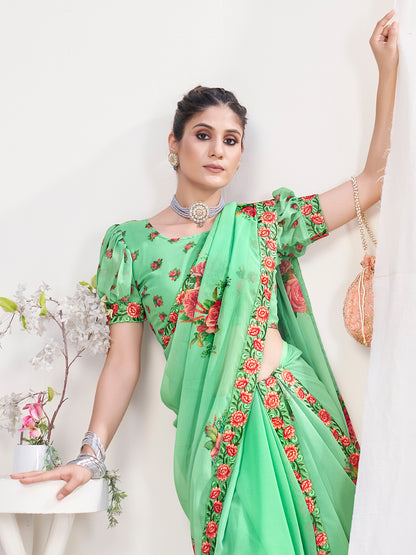 Apple Green Floral Designer Georgette Saree