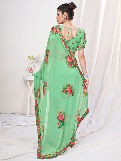 Apple Green Floral Designer Georgette Saree