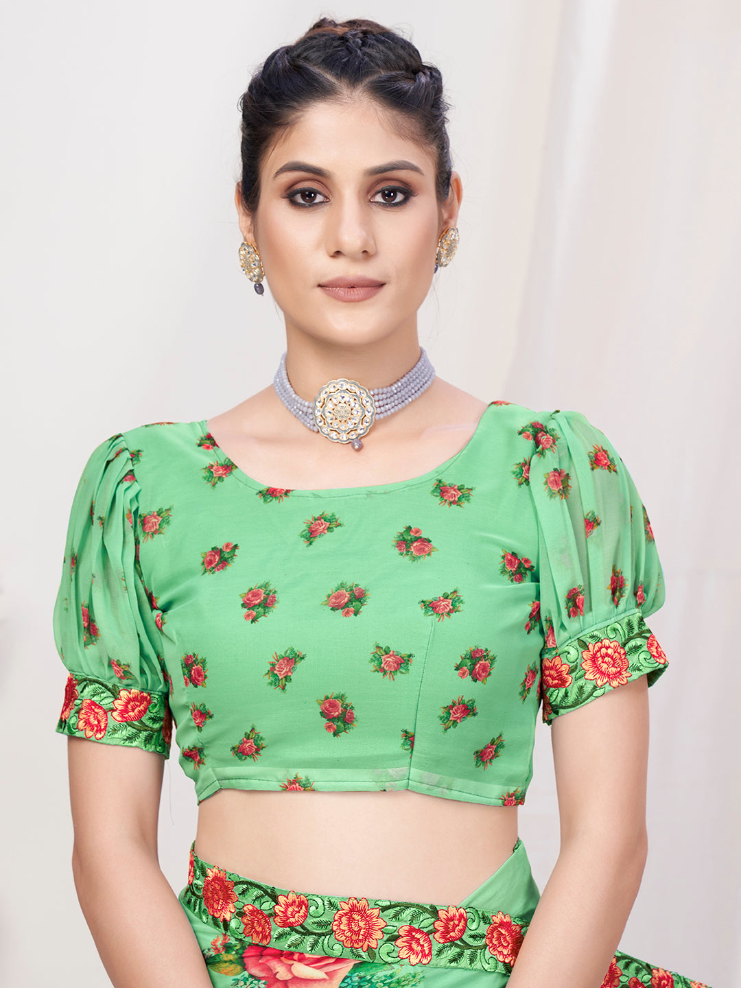 Apple Green Floral Designer Georgette Saree