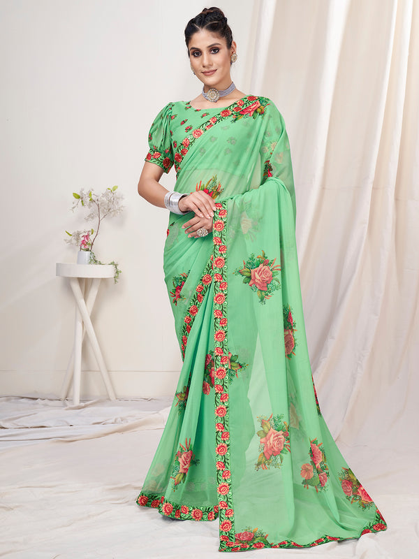 Apple Green Floral Designer Georgette Saree