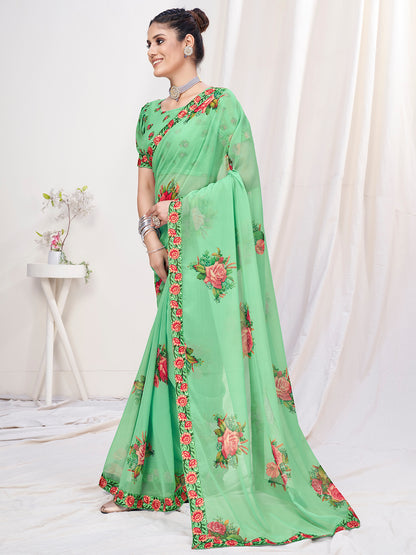 Apple Green Floral Designer Georgette Saree