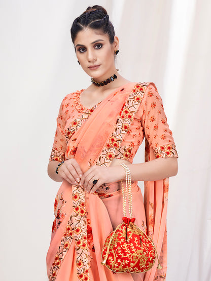 Pastel Orange Floral Designer Georgette Saree