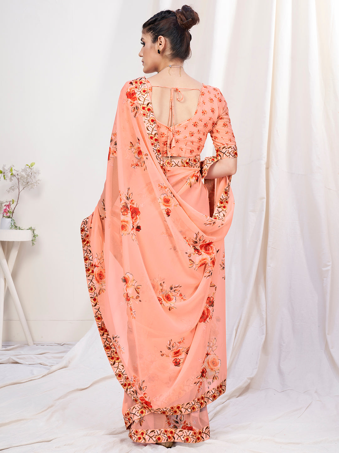 Pastel Orange Floral Designer Georgette Saree