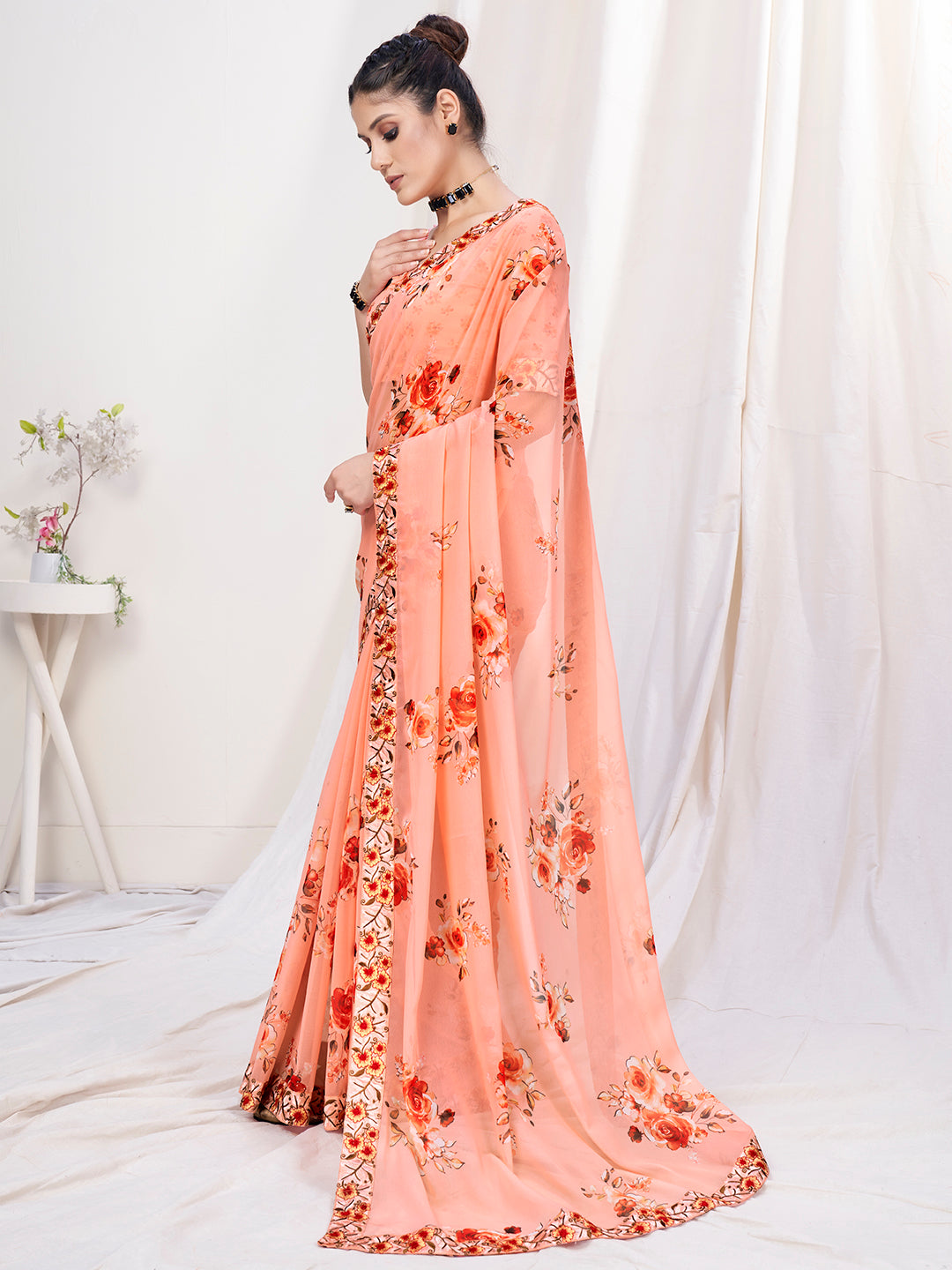 Pastel Orange Floral Designer Georgette Saree