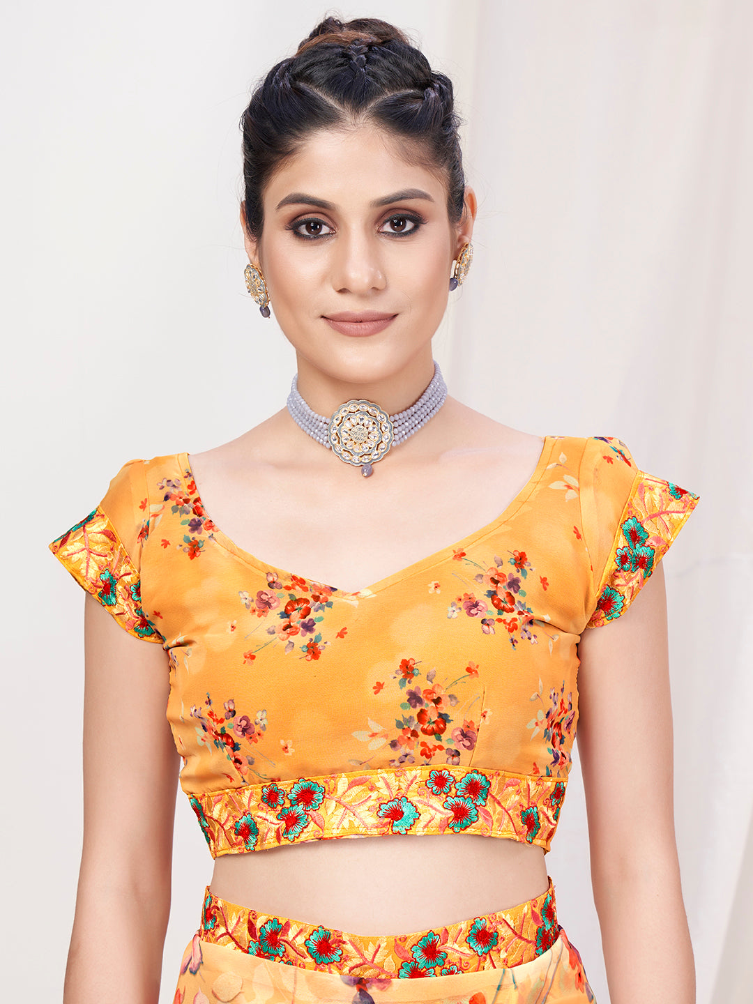 Light Orange Floral Designer Georgette Saree