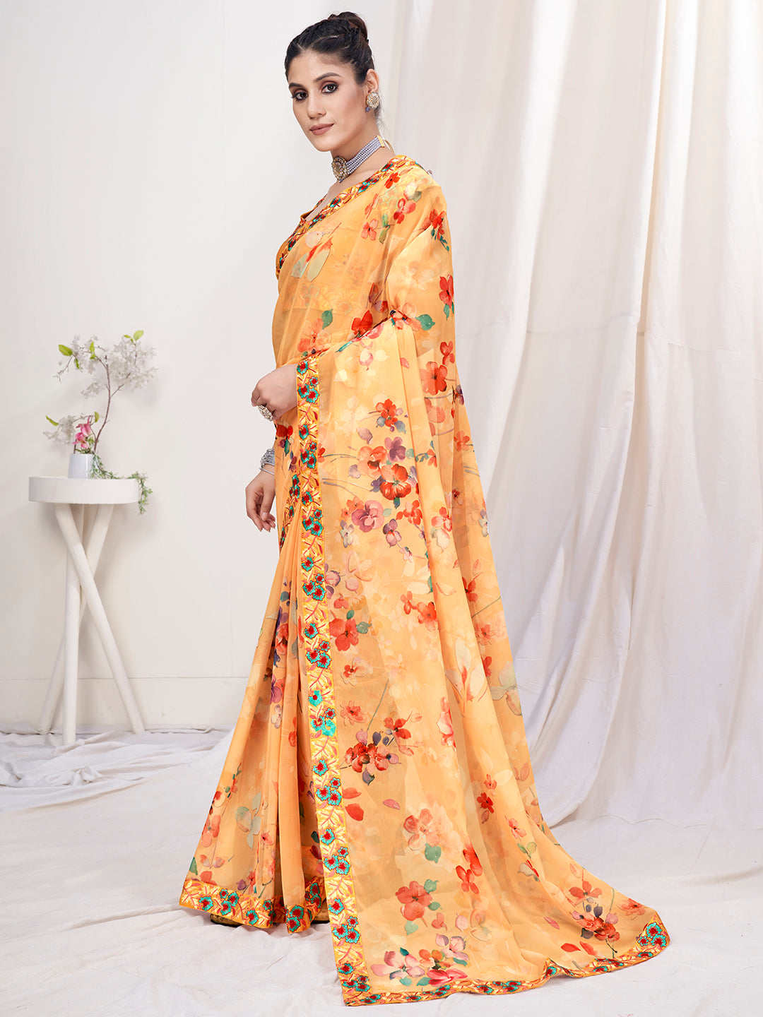 Light Orange Floral Designer Georgette Saree