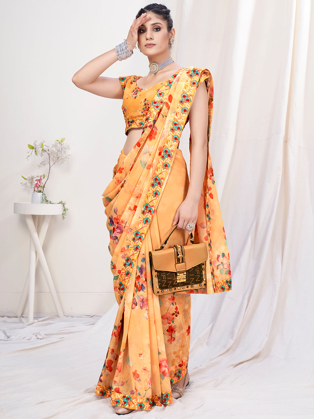 Light Orange Floral Designer Georgette Saree