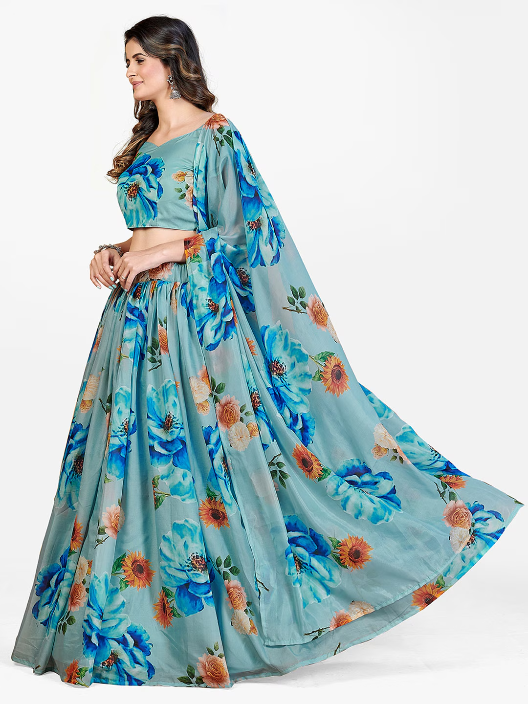 Blissful Turquoise Blue and Orange Printed Lehenga and Blouse With Dupatta