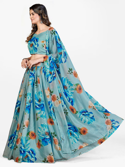 Blissful Turquoise Blue and Orange Printed Lehenga and Blouse With Dupatta