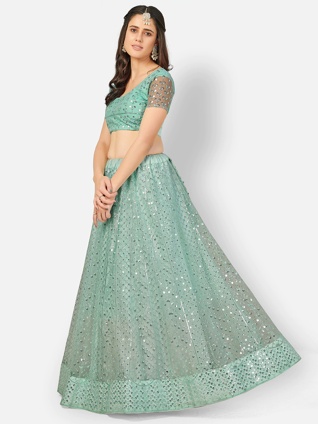 Fabulous Turquoise and Silver Sequins Sangeet Special Lehenga and Blouse With Dupatta