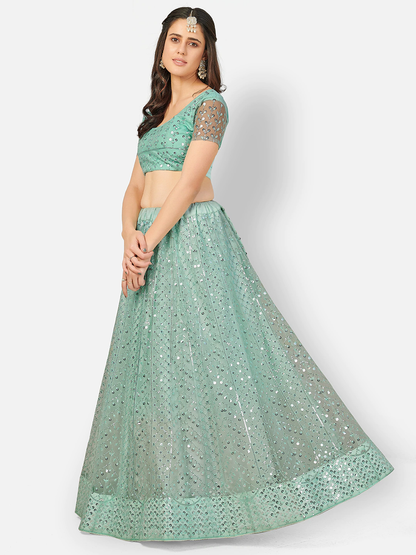 Fabulous Turquoise and Silver Sequins Sangeet Special Lehenga and Blouse With Dupatta