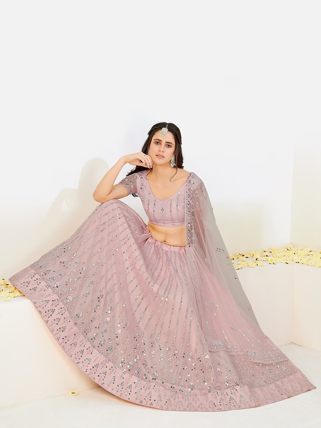 Prodigious Peach and Silver Sequins Sangeet Special Lehenga and Blouse With Dupatta
