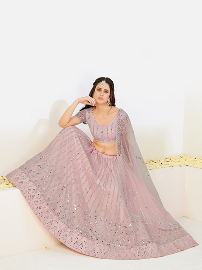 Prodigious Peach and Silver Sequins Sangeet Special Lehenga and Blouse With Dupatta