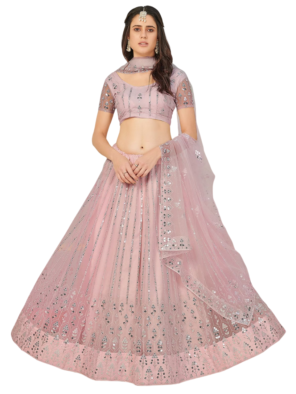 Prodigious Peach and Silver Sequins Sangeet Special Lehenga and Blouse With Dupatta