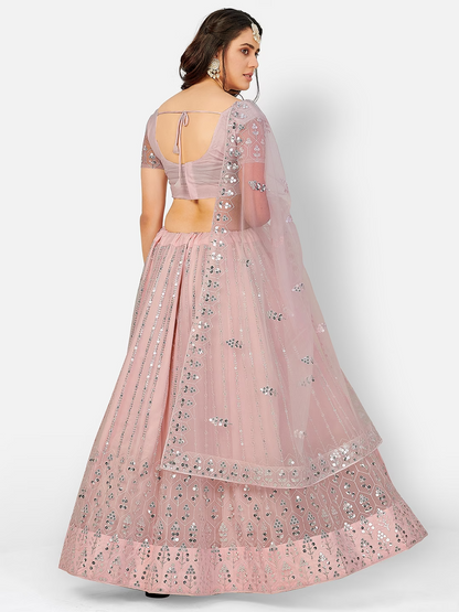 Prodigious Peach and Silver Sequins Sangeet Special Lehenga and Blouse With Dupatta