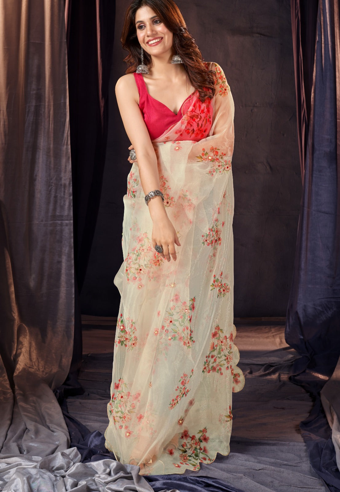 Light Cream Organza Silk Floral Printed Fancy Saree