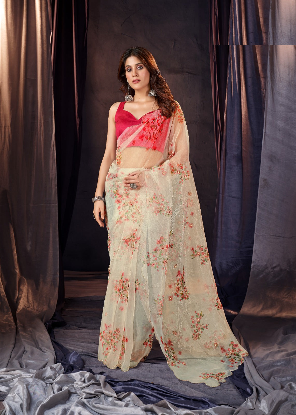 Light Cream Organza Silk Floral Printed Fancy Saree