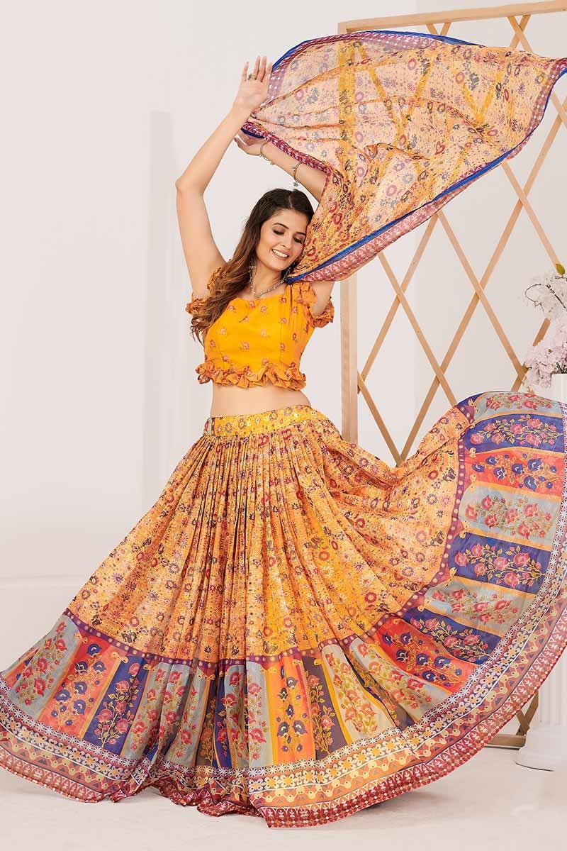 Designer Yellow and Blue Printed Lehenga and Blouse With Dupatta