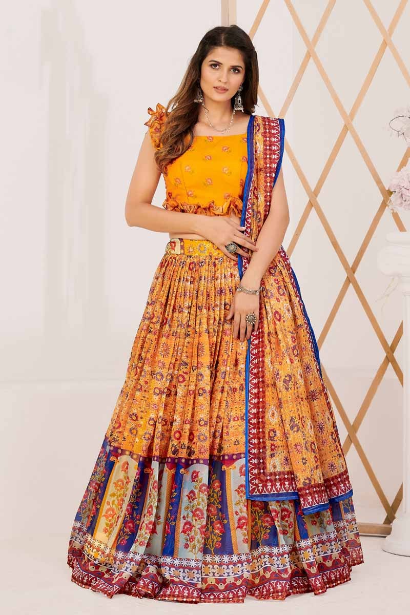 Designer Yellow and Blue Printed Lehenga and Blouse With Dupatta