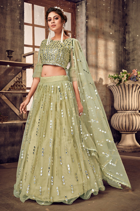 Sea green & Silver Embellished Semi-Stitched Lehenga & Unstitched Blouse