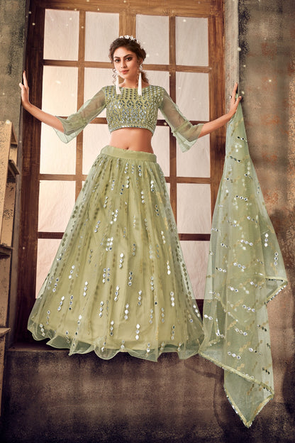 Sea green & Silver Embellished Semi-Stitched Lehenga & Unstitched Blouse