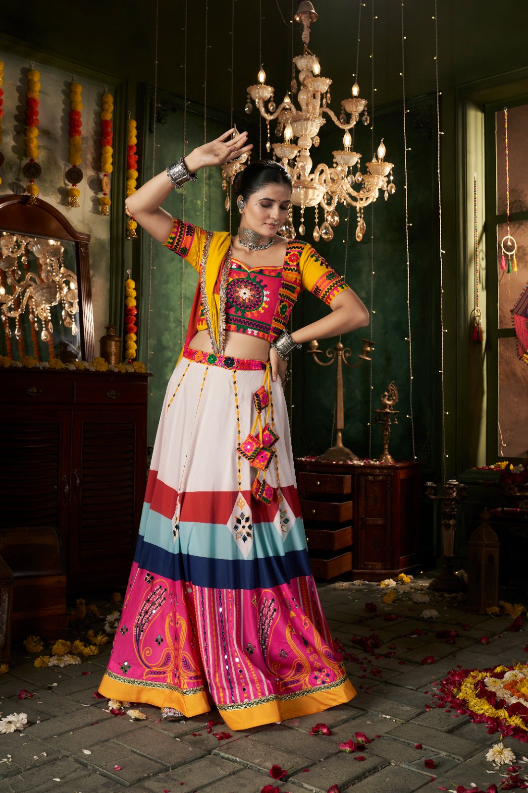 White & Multi Mirror Worked Muslin Cotton Navratri Chaniya Choli