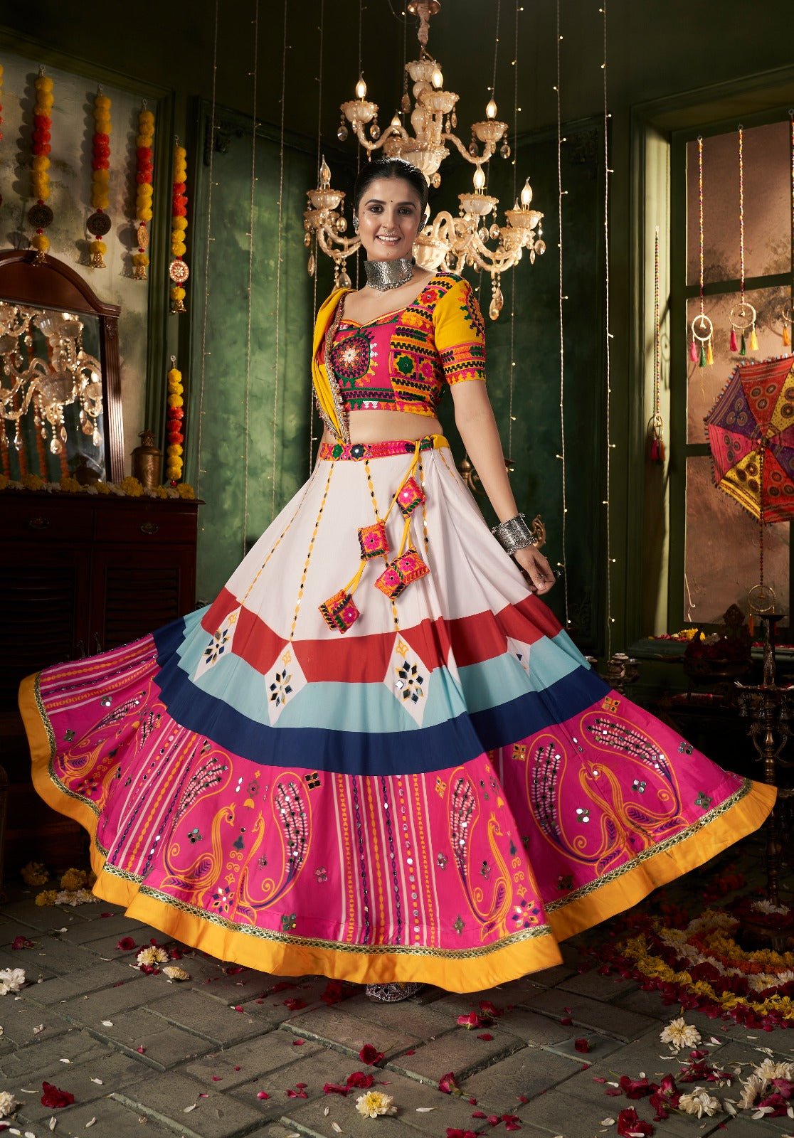 White & Multi Mirror Worked Muslin Cotton Navratri Chaniya Choli