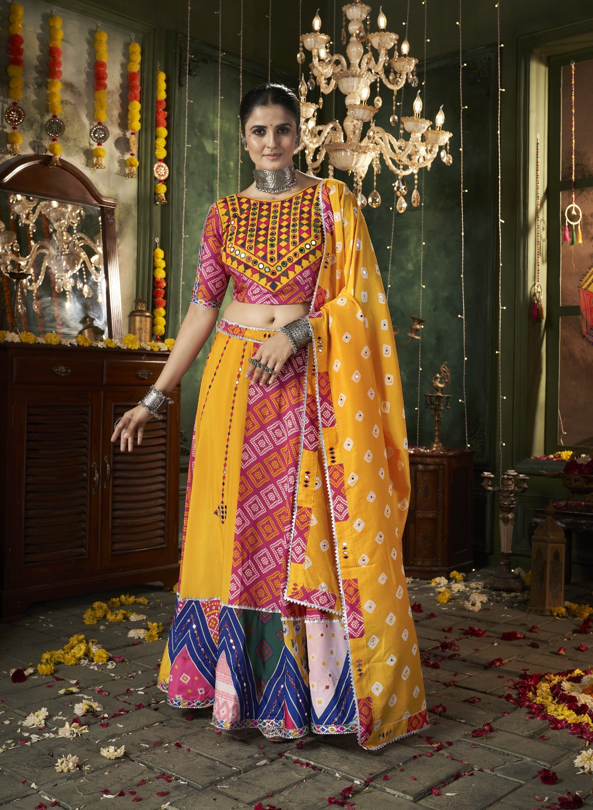 Yellow Mirror Worked Muslin Cotton Navratri Chaniya Choli
