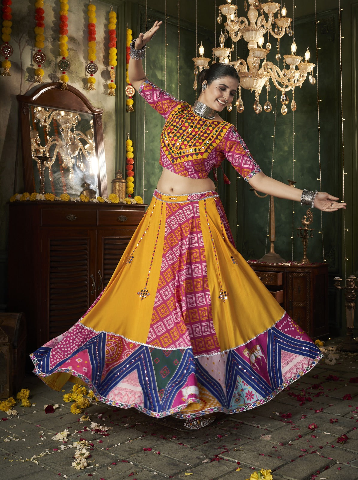 Yellow Mirror Worked Muslin Cotton Navratri Chaniya Choli