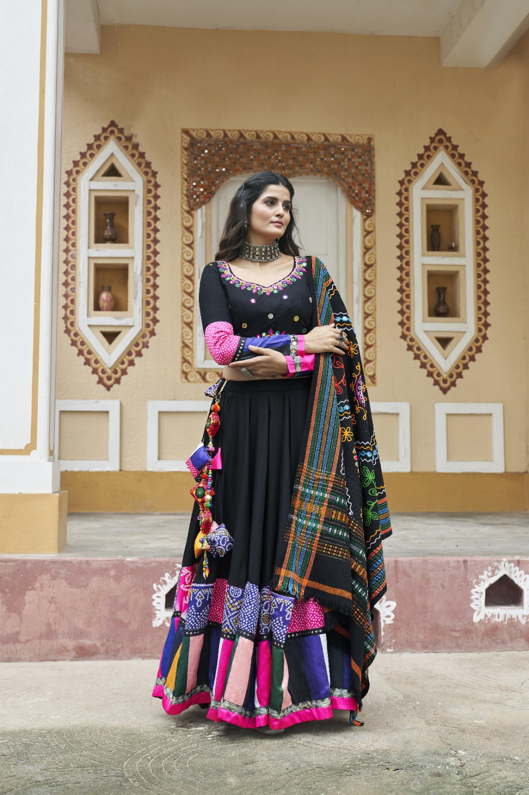 Black Viscose Rayon Embroidered Navratri Lehenga Choli
